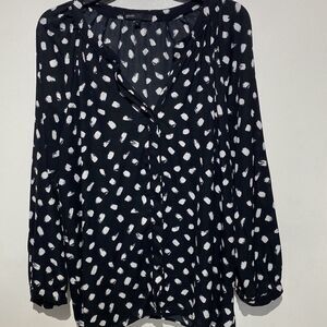 Gibson Women's Black White Split Neck Long Sleeve Button Down Blouse Size Large
